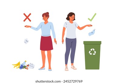 Conscious woman throwing plastic into trash can, standing near deep girl throwing waste on ground. Concept of population literacy in recycling waste and developing caring attitude towards environment