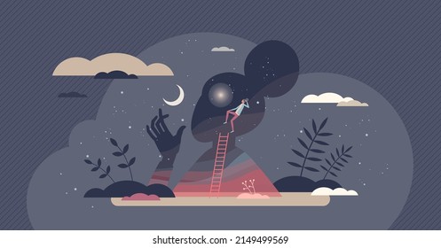 Consciousness, awareness and mental self mindfulness tiny person concept. Psychological personal relaxation and mind exploring with thoughts and emotions understanding vector illustration. Soul care.