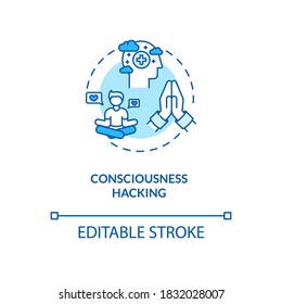 Consciousness hacking concept icon. Biohacking, spiritual growth idea thin line illustration. Meditation amd relaxation exercises. Vector isolated outline RGB color drawing. Editable stroke