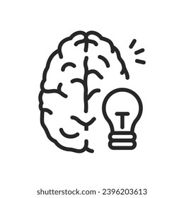 Consciousness Icon. Thin Linear Illustration of Brain with Lightbulb, Symbolizing Ideas, Awareness, and Cognitive Insight. Isolated Outline Vector Sign.