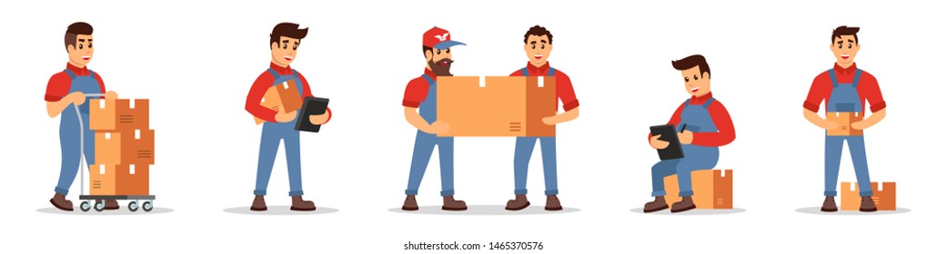 Consecution of delivery service actions. Worker in uniform transporting goods on cart, man counting price, mover or loader carrying cardboard boxes. Cartoon vector set isolated on white background..