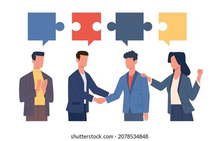 Consensus. Agreement In Discussion. People Shake Hands. Puzzle Connection. Successful Negotiation. Business Communication. Employees Cooperation. Jigsaw Parts Matching. Vector Concept