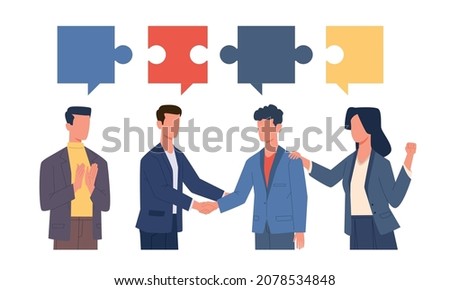 Consensus. Agreement in discussion. People shake hands. Puzzle connection. Successful negotiation. Business communication. Employees cooperation. Jigsaw parts matching. Vector concept