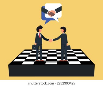 Consensus building and strategic partnership. Businessman firmly shaking hands standing on giant chess board