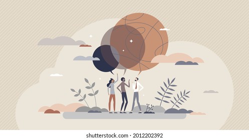 Consensus as common agreement and merged group thoughts tiny person concept. Each opinion in team connected together for solidarity and discussion unanimity vector illustration. Agree and accept topic