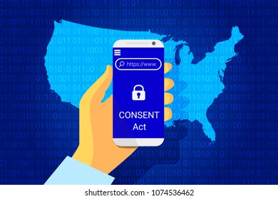 CONSENT Act. Customer Online Notification for Stopping Edge-provider Network Transgressions. USA map. Mobile phone in hand. Vector illustration
