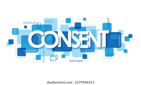 CONSENT blue vector banner with related keywords and symbols