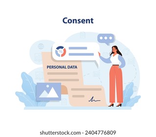 Consent concept illustration. A professional woman gestures towards a personal data form, emphasizing user agreement and data protection amidst urban elements. Flat vector illustration