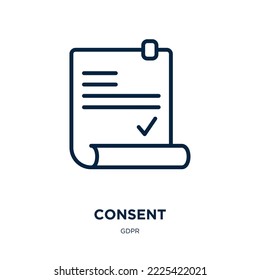 icono de consentimiento de la colección gdpr. Consentimiento lineal delgado, negocios, icono de esquema de acuerdo aislado en fondo blanco. Signo de consentimiento vectorial de línea, símbolo para web y móvil