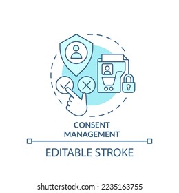 Consent management turquoise concept icon. Using customer personal data abstract idea thin line illustration. Isolated outline drawing. Editable stroke. Arial, Myriad Pro-Bold fonts used svg
