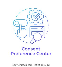 Consent preferred center blue gradient concept icon. De toestemming voor gegevensverwerking controleren, wijzigen en intrekken. Ronde vorm lijn illustratie. Abstract idee. Grafisch ontwerp. Eenvoudig te gebruiken in artikel