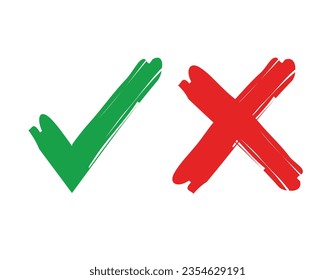 Consent sign and prohibition sign, checkmark, cross drawn with brush strokes, crosses x and ticks OK, set vector illustration isolated on white background. Handmade symbol, for social networks and 