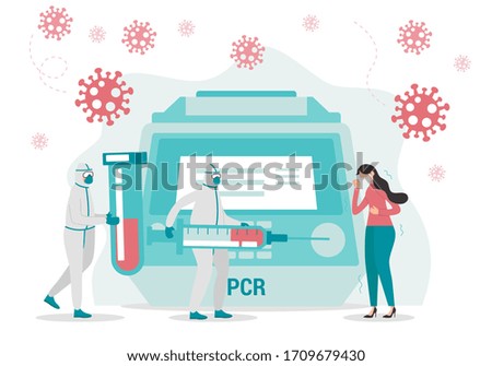 Consept of Coronavirus PCR test. Two health workers using medical Personal Protective Equipment doing a Polymerase Chain Reaction for Coronavirus (2019-nCov) patient. Covid-19 outbreak. Flat vector.
