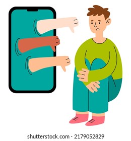 Consept cyberbullying. Sad man with big phone. Dislikes in social networks. Cancel culture.