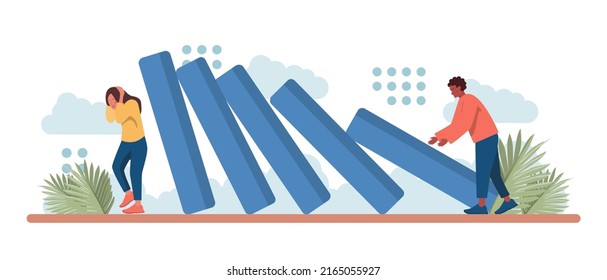 Consequences concept. Character making action and dealing with a result of it. Aftermath problem or bad luck. Person tied up, or under the circumstances. Flat vector illustration