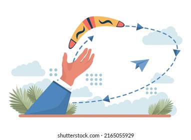 Concepto de consecuencias. Carácter haciendo acción y tratando con un resultado de ella. Problemas posteriores o mala suerte. Persona atada, o bajo las circunstancias. Ilustración vectorial plana