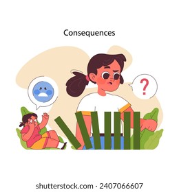 Concepto de consecuencias. Un niño preocupado reflexiona sobre una cerca caída, mientras un amigo expresa tristeza, capturando la esencia de aprender de los errores. Ilustración vectorial plana