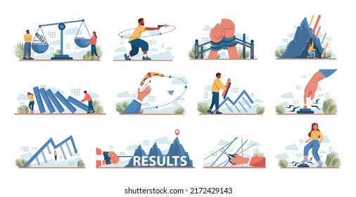 Consequences concept set. Character making action and dealing with a result of it. Aftermath problem or bad luck. Person tied up, or under the circumstances. Flat vector illustration