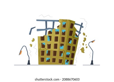 Consequences of a natural disaster or cataclysm. Green apartment building with broken windows, broken corners.  