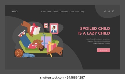 Consequences of overindulgence concept. Bored yawning boy surrounded by gifts, showing pitfalls of excessive pampering. Encouraging balanced nurturing. Flat vector illustration.