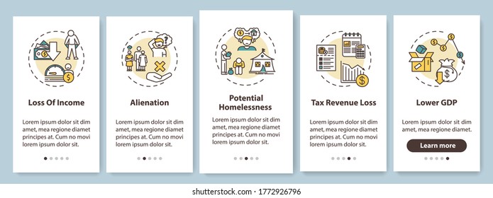 Consequences of unemployment onboarding mobile app page screen with concepts. Job crisis economic effects walkthrough five steps graphic instructions. UI vector template with RGB color illustrations
