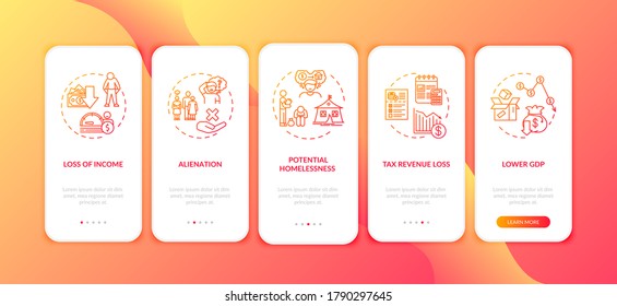 Consequences of unemployment onboarding mobile app page screen with concepts. Social and economic effects walkthrough five steps graphic instructions. UI vector template with RGB color illustrations