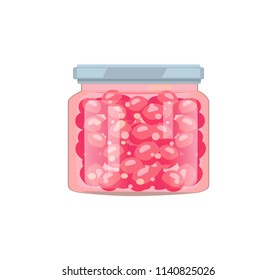 Conservated currant berry jam or fruit compote in small unlabeled caddy. Screw-cap glass jar home cooked preservation vector illustration isolated.