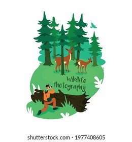 Conservation 2D vector web banner, poster. Wildlife photography phrase. Tourist photographer flat characters on cartoon background. National park printable patch, colorful web element