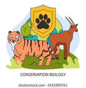 Conservation biology. Tiger, Kakapo parrot, and Gemsbok antelope under a shield. Protection of fauna and study of biodiversity. Flat vector illustration.