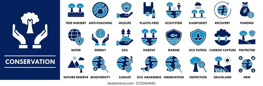 Conjunto de colección de icono de duotono de conservación. Diseño que contiene naturaleza, ecología, medio ambiente, conservación, tierra
