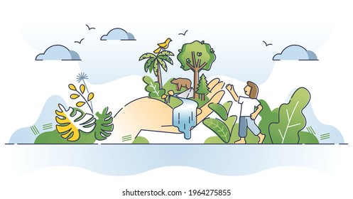 Conservation as environmental nature biodiversity protection outline concept. Trees and species preservation with responsible resource usage vector illustration. Ecological green reserve in hand.