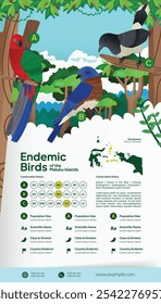 Ideia do layout do folheto de conservação Maluku Aves endêmicas ilustração plana