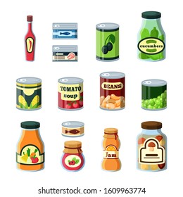 Conservation food, products in cans flat vector illustrations set