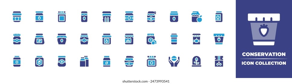 Kollektion des Konservierungssymbols. Zweitonfarbe. Vektorillustration. Enthält Konfitüre, Marmelade, Erdbeermarmelade, Jamjar, Apfelmus, Glas, Honig, Pflanze, Marmelade, WorldDoceansday.