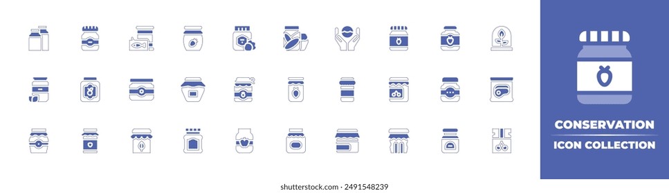 Conservation icon collection. Duotone style line stroke and bold. Vector illustration. Containing cannedfood, jam, pickles, jams, marmalade, babyfood, honey, honeyjar, jar, worldoceansday.