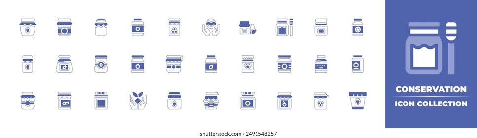 Conservation icon collection. Duotone style line stroke and bold. Vector illustration. Containing sprout, ocean, conserve, jam, honey, strawberryjam, jamjar.