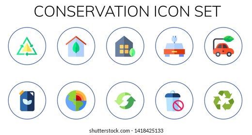 conservation icon set. 10 flat conservation icons.  Collection Of - recycle, fuel, eco house, geothermal, electric car, trash, recycle sign