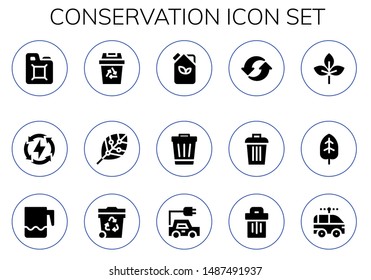 conservation icon set. 15 filled conservation icons.  Simple modern icons about  - Fuel, Energy, Recycling, Renewable energy, Trash, Recycle, Leaf, Jar, Electric car