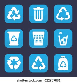 Conservation icon. set of 9 filled conservation icons such as recycle bin, recycle, trash bag