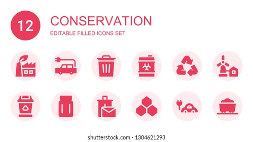 conservation icon set. Collection of 12 filled conservation icons included Green power, Electric car, Trash, Waste, Recycle, Jar, Recycle bin, Benzene, Eolical, Coal
