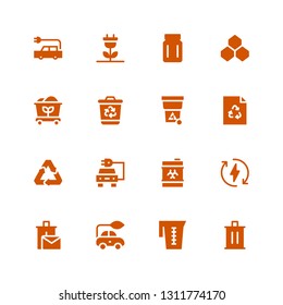 conservation icon set. Collection of 16 filled conservation icons included Trash, Jar, Electric car, Recycle bin, Eco energy, Waste, Recycling, Recycle, Recycling bin, Coal, Benzene