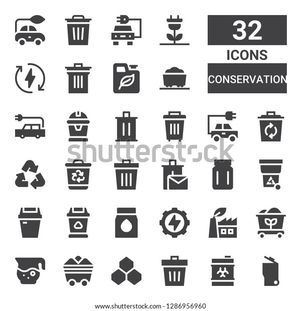 conservation icon\
set. Collection of 32 filled conservation icons included Garbage,\
Waste, Trash, Benzene, Coal, Jar, Green power, Energy, Recycle bin,\
Recycling bin,\
Recycle