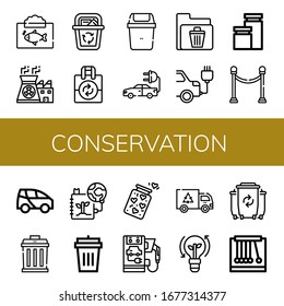 conservation icon set. Collection of Ecosystem, Nuclear power, Recycle bin, Reuse, Bin, Electric car, Jars, Separator, Garbage, Save the planet, Garbage bin, Jar, Clean energy icons