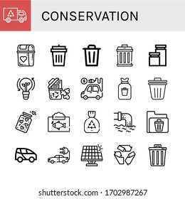 conservation icon set. Collection of Garbage, Bin, Garbage bin, Jars, Clean energy, Recycle bin, Electric vehicle, Rubbish, Trash Jar, Ecosystem, Waste, Electric car icons