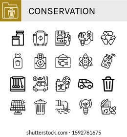 conservation icon set. Collection of Recycle bin, Jars, Waste, Electric car, Hybrid solution, Recycle, Rubbish, Reuse, Ecosystem, Atomic energy, Jar, Pendulum, Electric vehicle icons