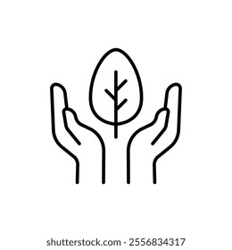 Conservation icon. Simple outline style. Hand leaf care, plant, nature, green, growth, natural, organic, eco life, environment concept. Thin line symbol. Vector illustration isolated.