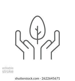 Conservation icon. Simple outline style. Hand leaf care, plant, nature, green, growth, natural, organic, eco life, environment concept. Thin line symbol. Vector illustration isolated. Editable stroke.