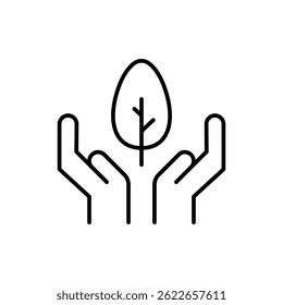 Conservation icon. Simple outline style. Hand leaf care, plant, nature, green, growth, natural, organic, eco life, environment concept. Thin line symbol. Vector illustration isolated.