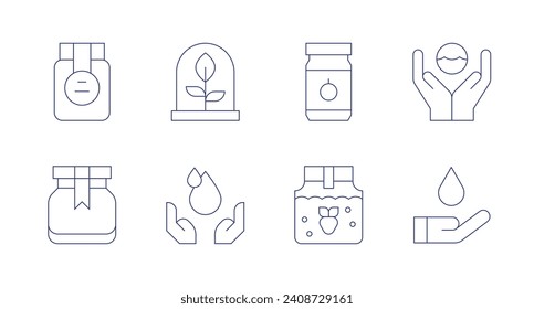 Conservation icons. Editable stroke. Containing jam, jar, plant, world oceans day, water, save water.