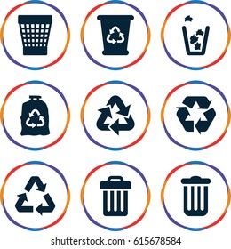 Conservation icons set. set of 9 conservation filled icons such as recycle bin, trash bag, trash bin